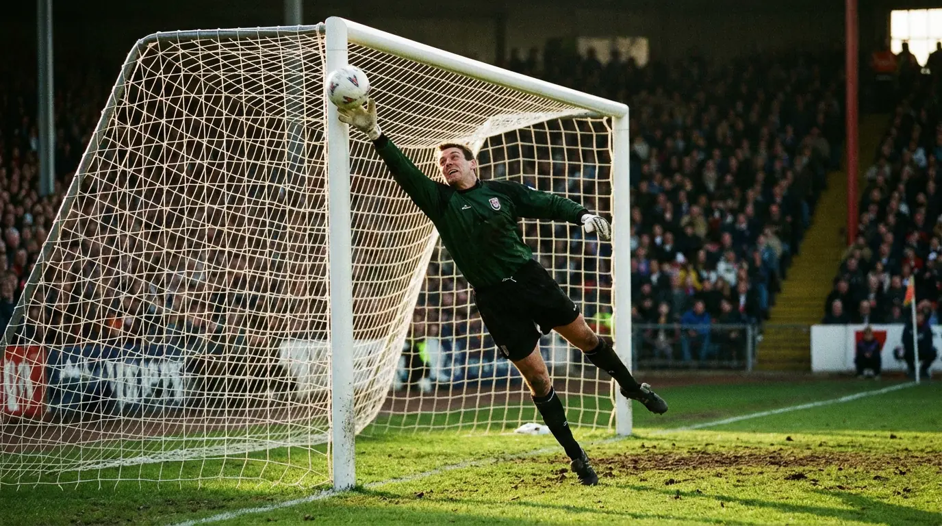 Dos porteros de fútbol en acción durante un partido intenso con el balón cerca de la portería