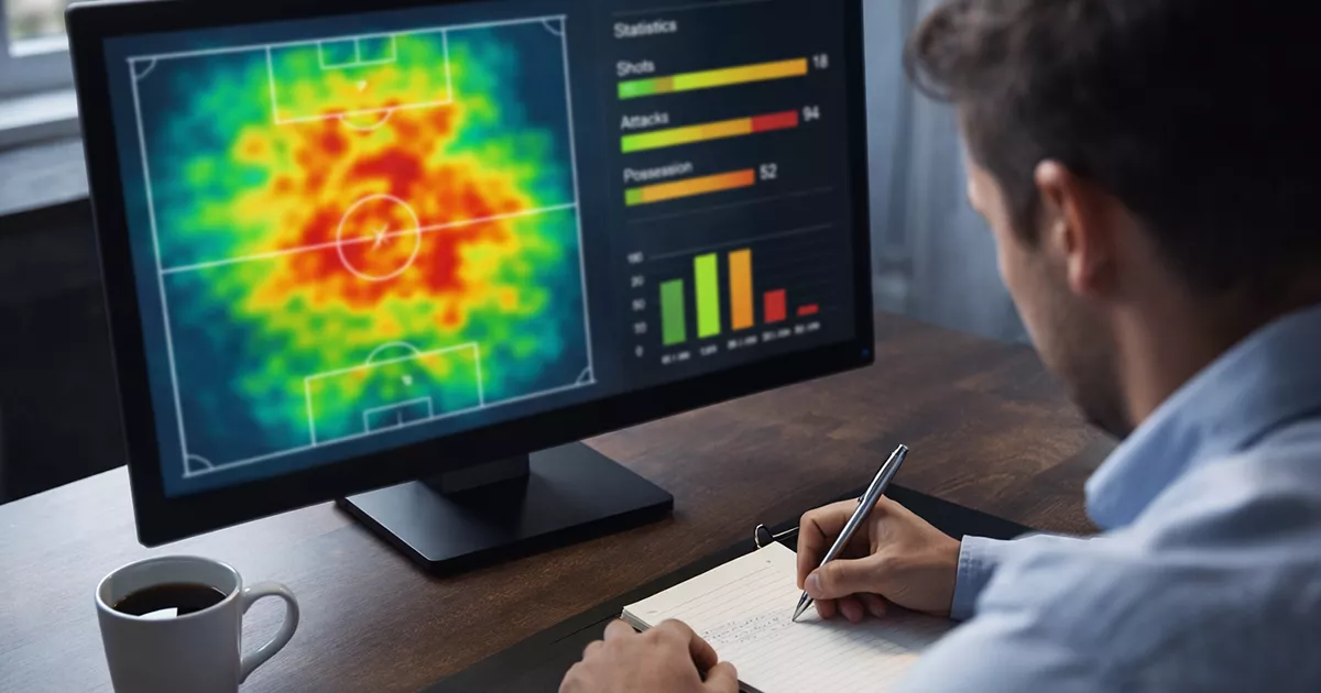 Analista deportivo estudiando estadísticas de fútbol con gráficos en una pantalla de ordenador