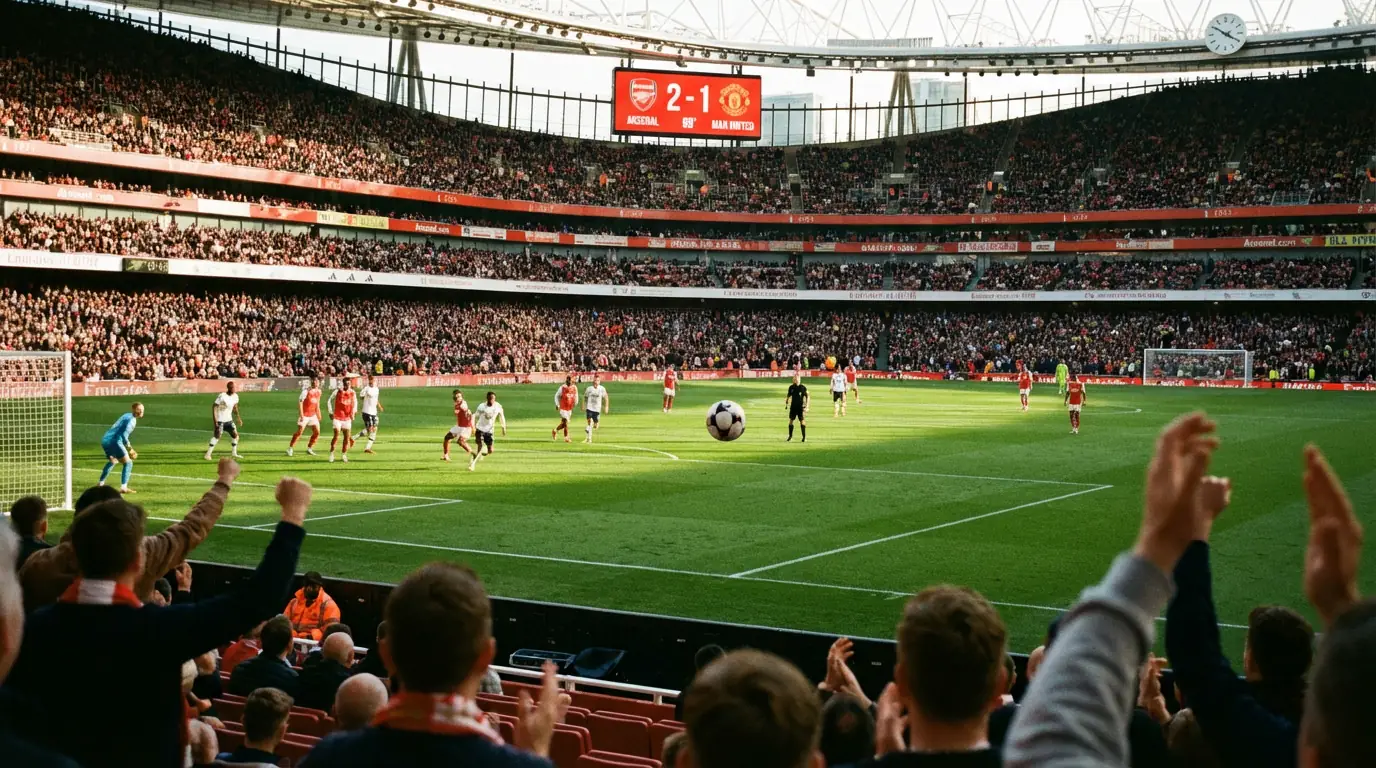 Aficionados en un estadio de fútbol viendo un partido con el marcador iluminado al fondo