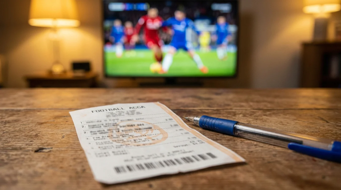 Boleto de apuestas deportivas sobre una mesa junto a un bolígrafo con un partido de fútbol de fondo