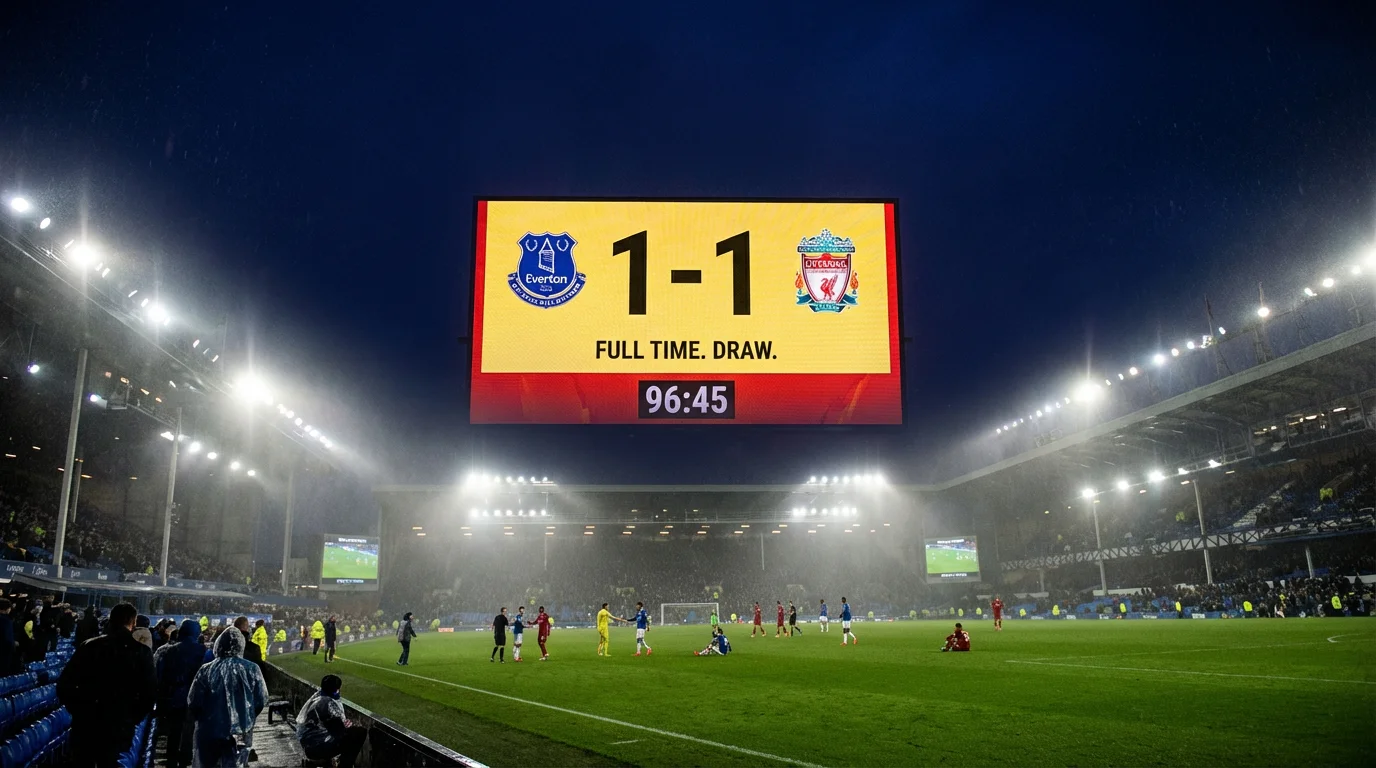 Marcador de estadio de fútbol mostrando un empate durante un partido nocturno