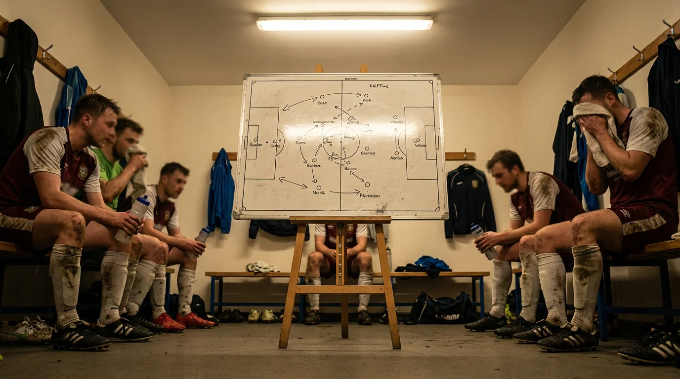 Vestuario de fútbol durante el descanso con pizarra táctica y jugadores al fondo
