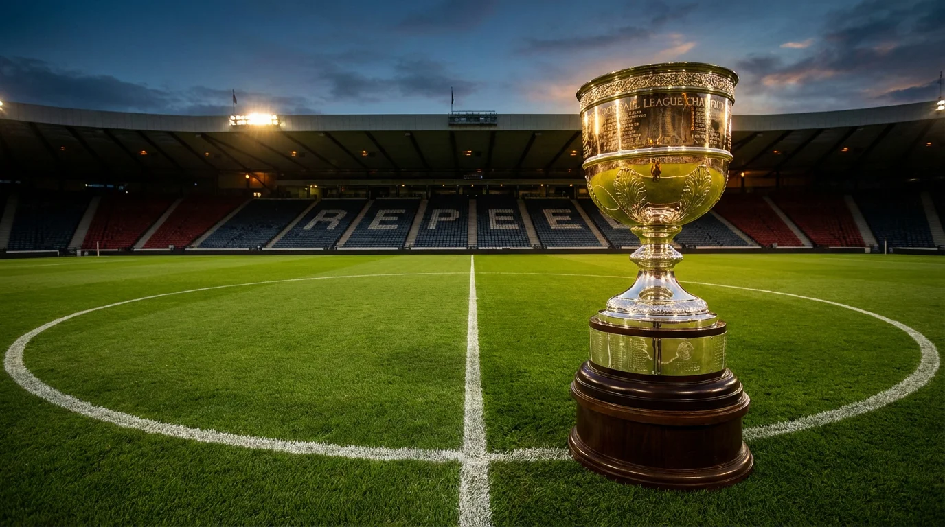 Trofeo de campeón de liga sobre césped de un estadio de fútbol iluminado