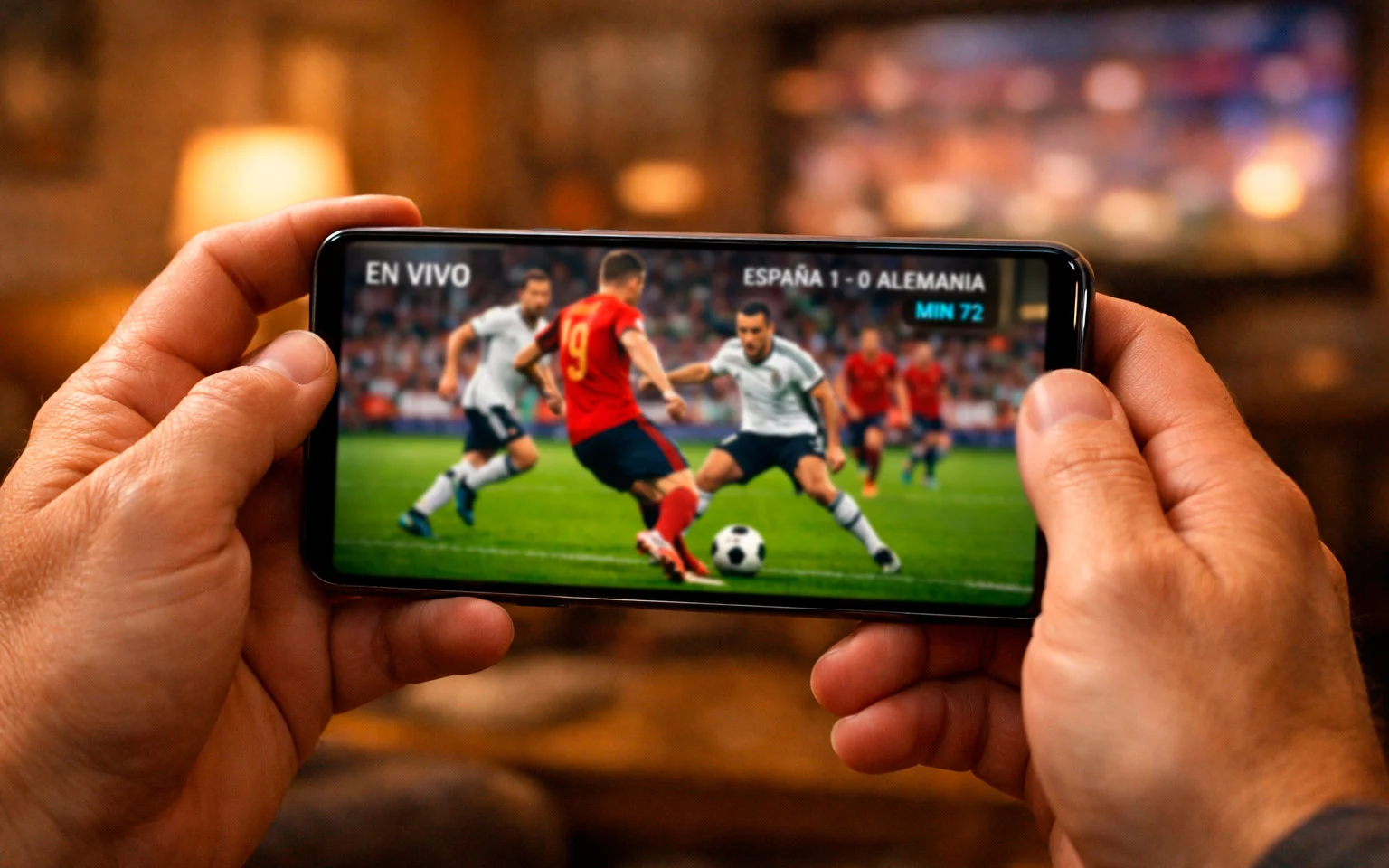 Pantalla de smartphone mostrando un partido de fútbol en directo