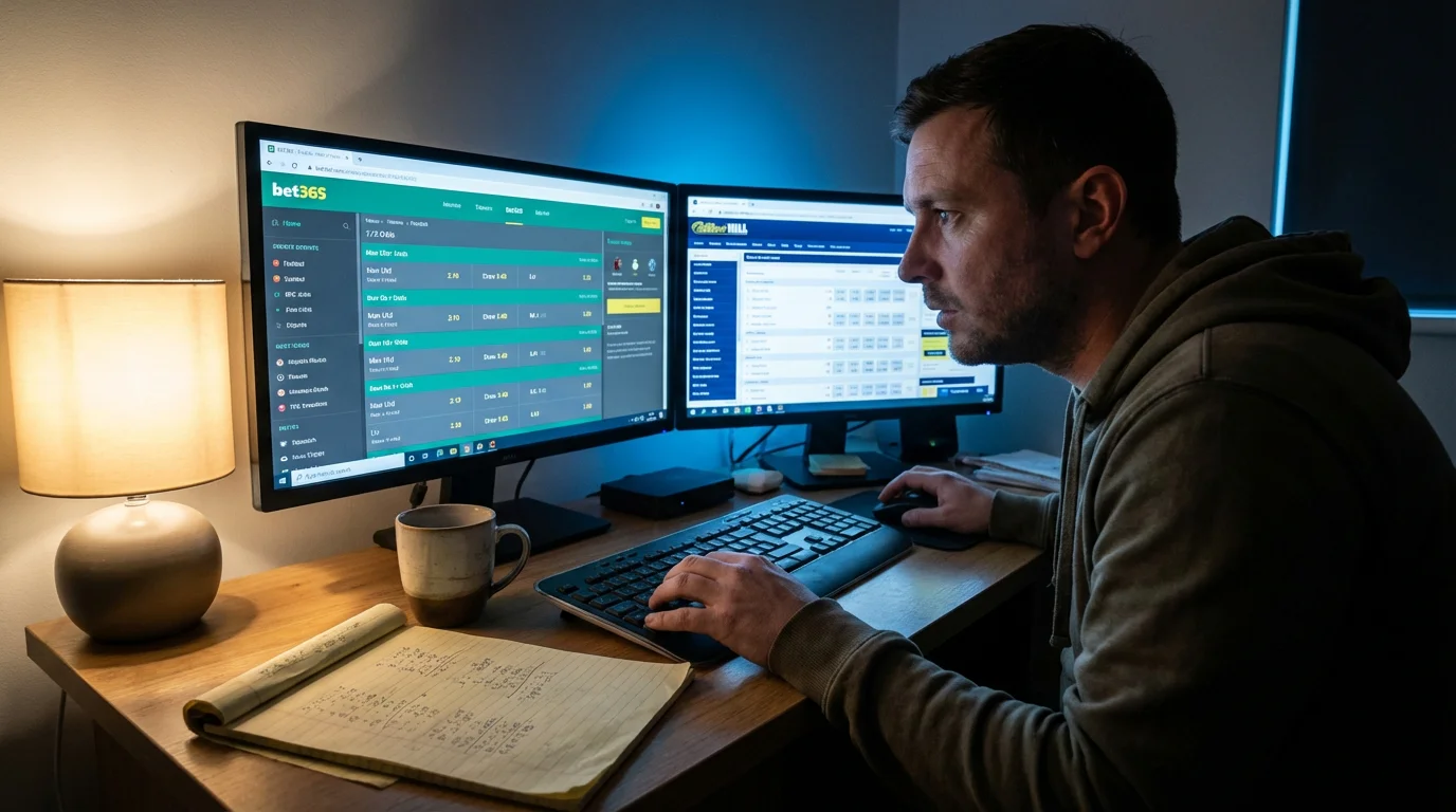 Persona analizando cuotas de apuestas de fútbol en varias pantallas de ordenador