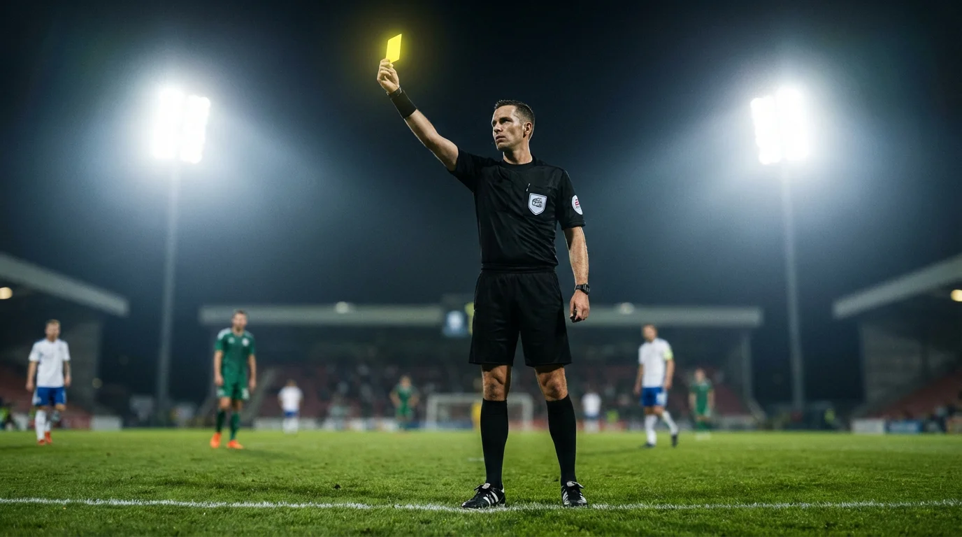 Árbitro de fútbol mostrando una tarjeta amarilla durante un partido profesional