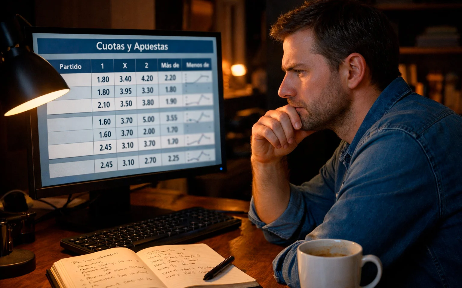 Apostador analizando líneas de hándicap asiático en su ordenador