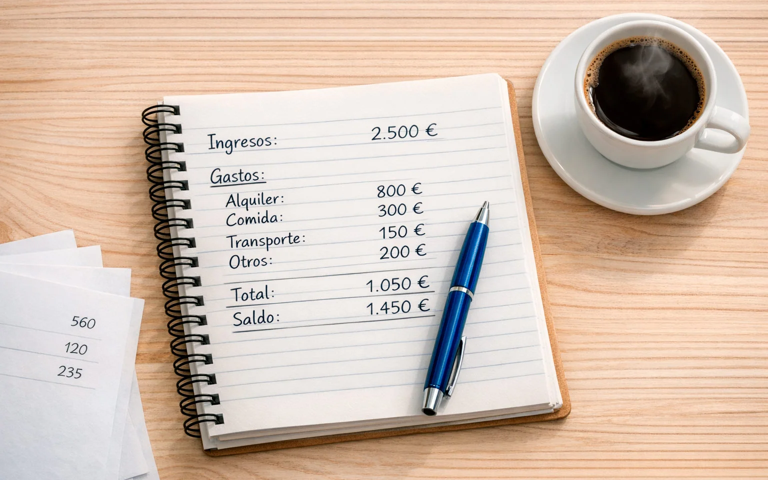 Libreta con anotaciones de presupuesto junto a bolígrafo