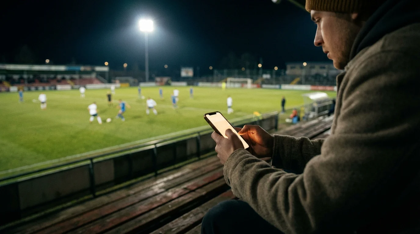 Mano de un apostador sosteniendo un teléfono móvil con un partido de fútbol de fondo