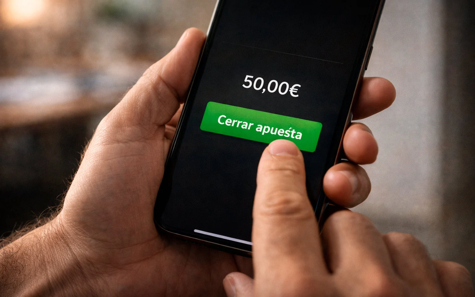 Mano de apostador tocando botón de cash out en aplicación móvil