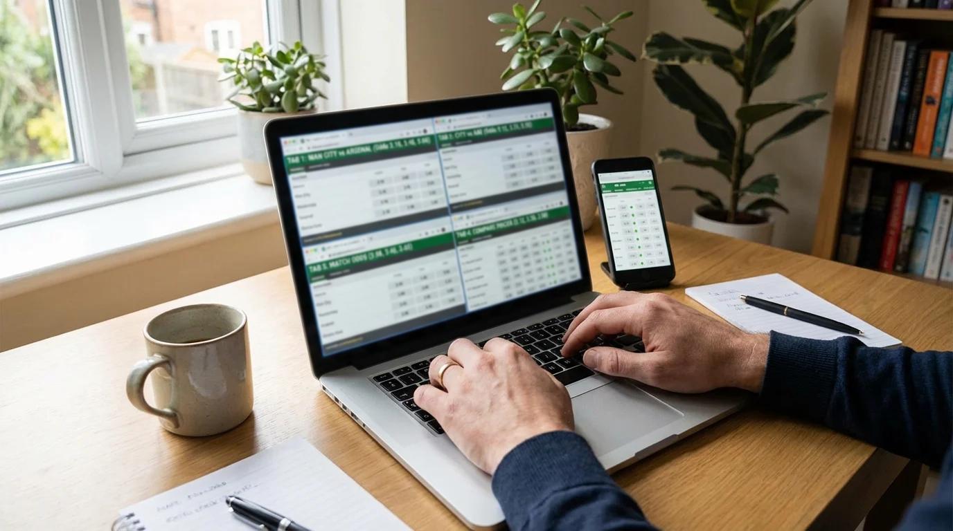 Persona comparando cuotas de apuestas deportivas en una pantalla con varias pestañas abiertas