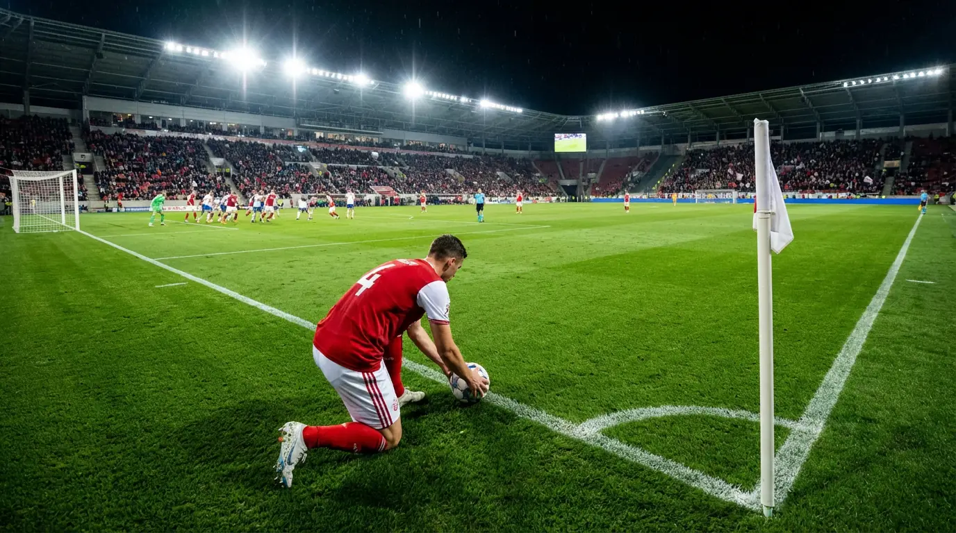 Saque de esquina en un partido de fútbol profesional bajo focos nocturnos