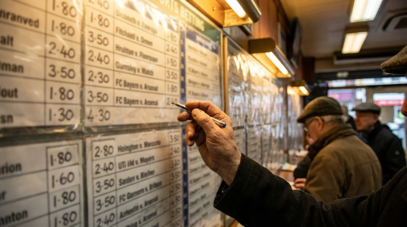 Pizarra con cuotas decimales de un partido de fútbol en una sala de apuestas deportivas