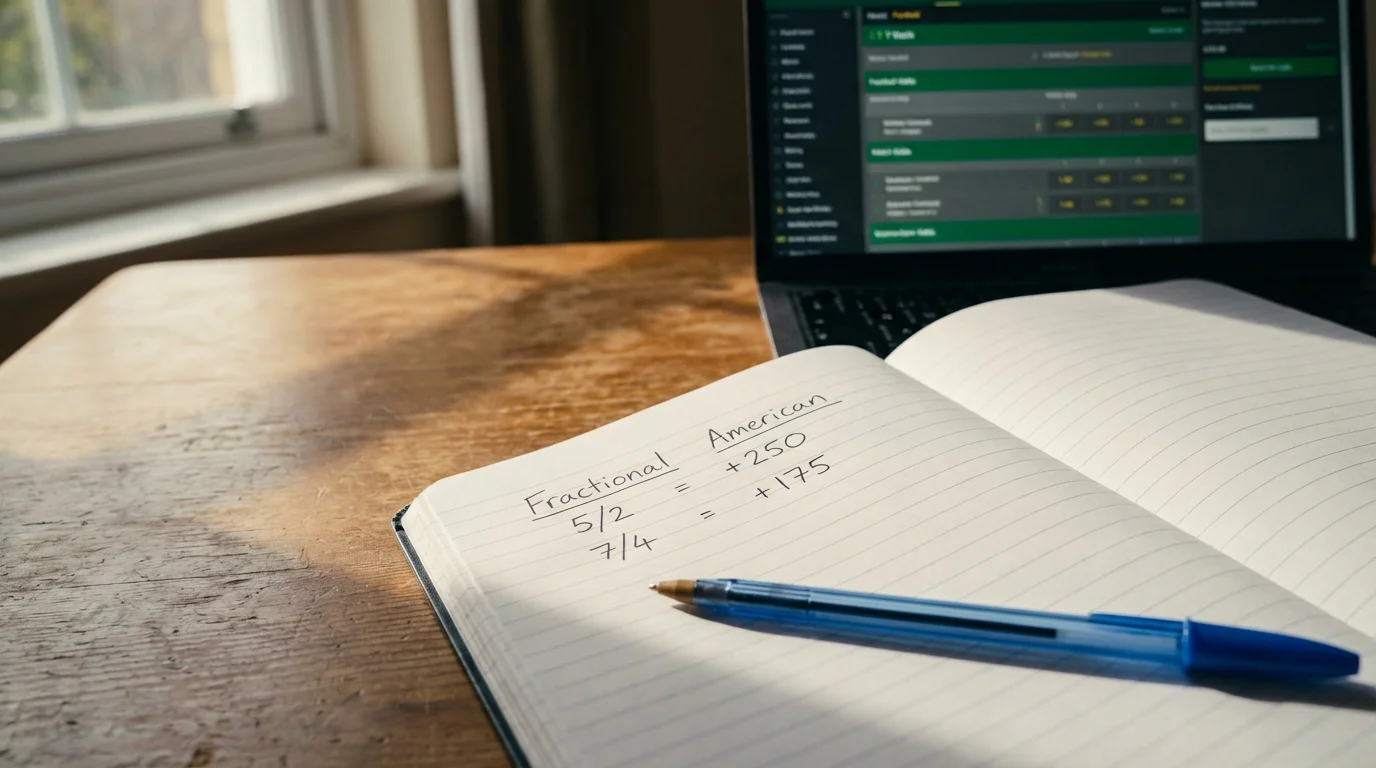 Pantalla de casa de apuestas mostrando cuotas en distintos formatos junto a un bolígrafo y notas