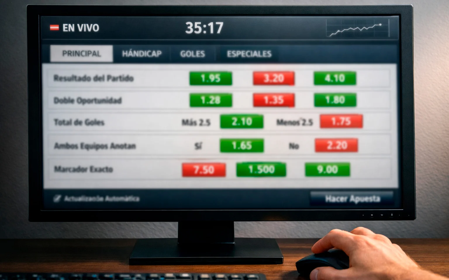 Pantalla mostrando cuotas de apuestas cambiando en tiempo real