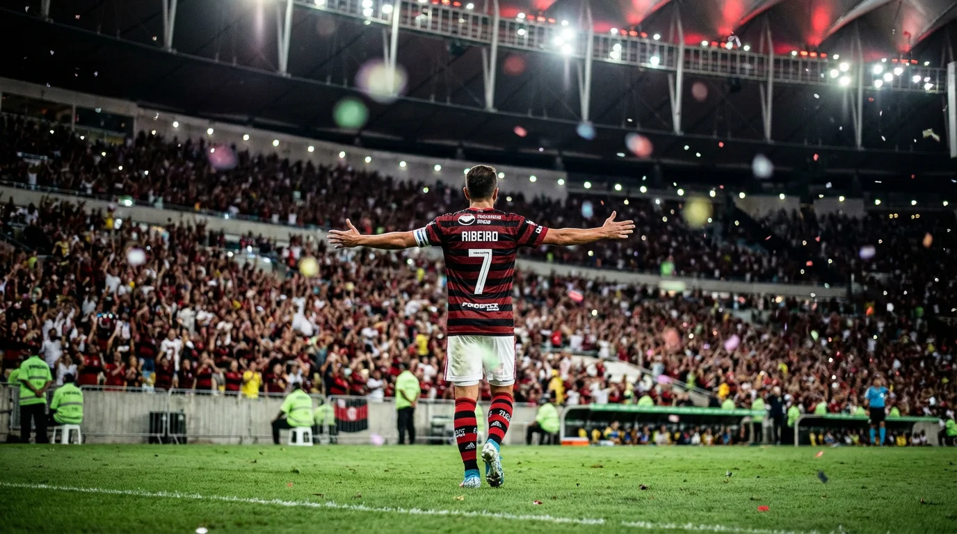 Jugador de fútbol celebrando un gol con los brazos abiertos frente a la grada del estadio