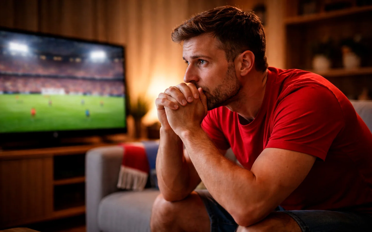 Aficionado de fútbol viendo partido de su equipo favorito