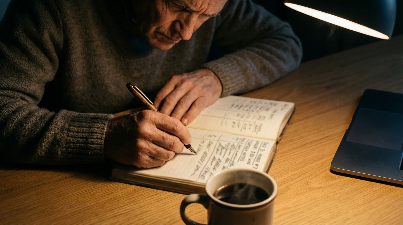 Apostador concentrado tomando notas junto a un cuaderno con estrategia de apuestas