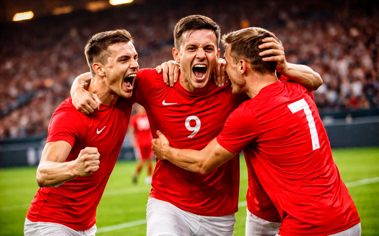 Jugadores de fútbol celebrando gol en partido de liga