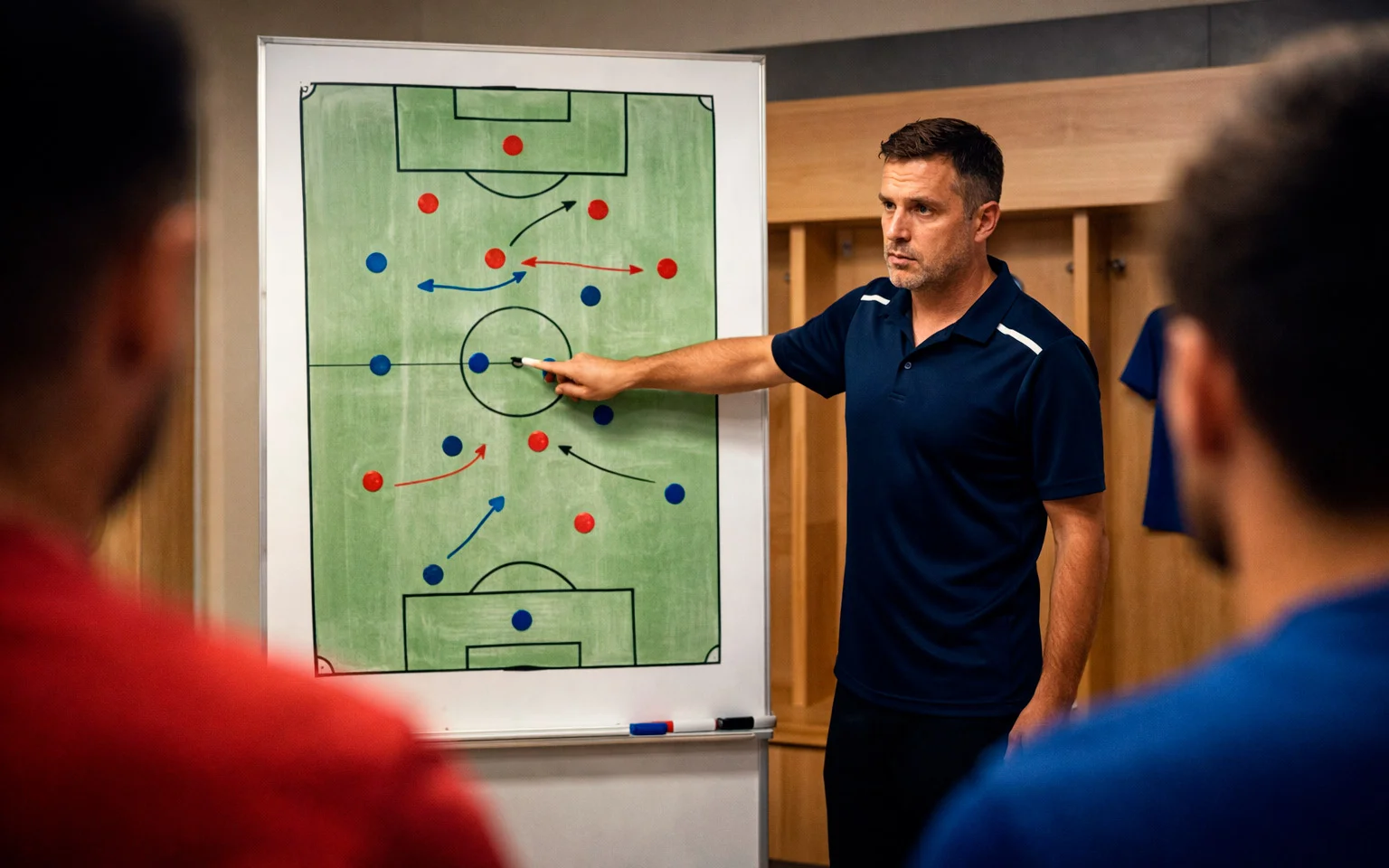 Entrenador de fútbol explicando táctica en el vestuario