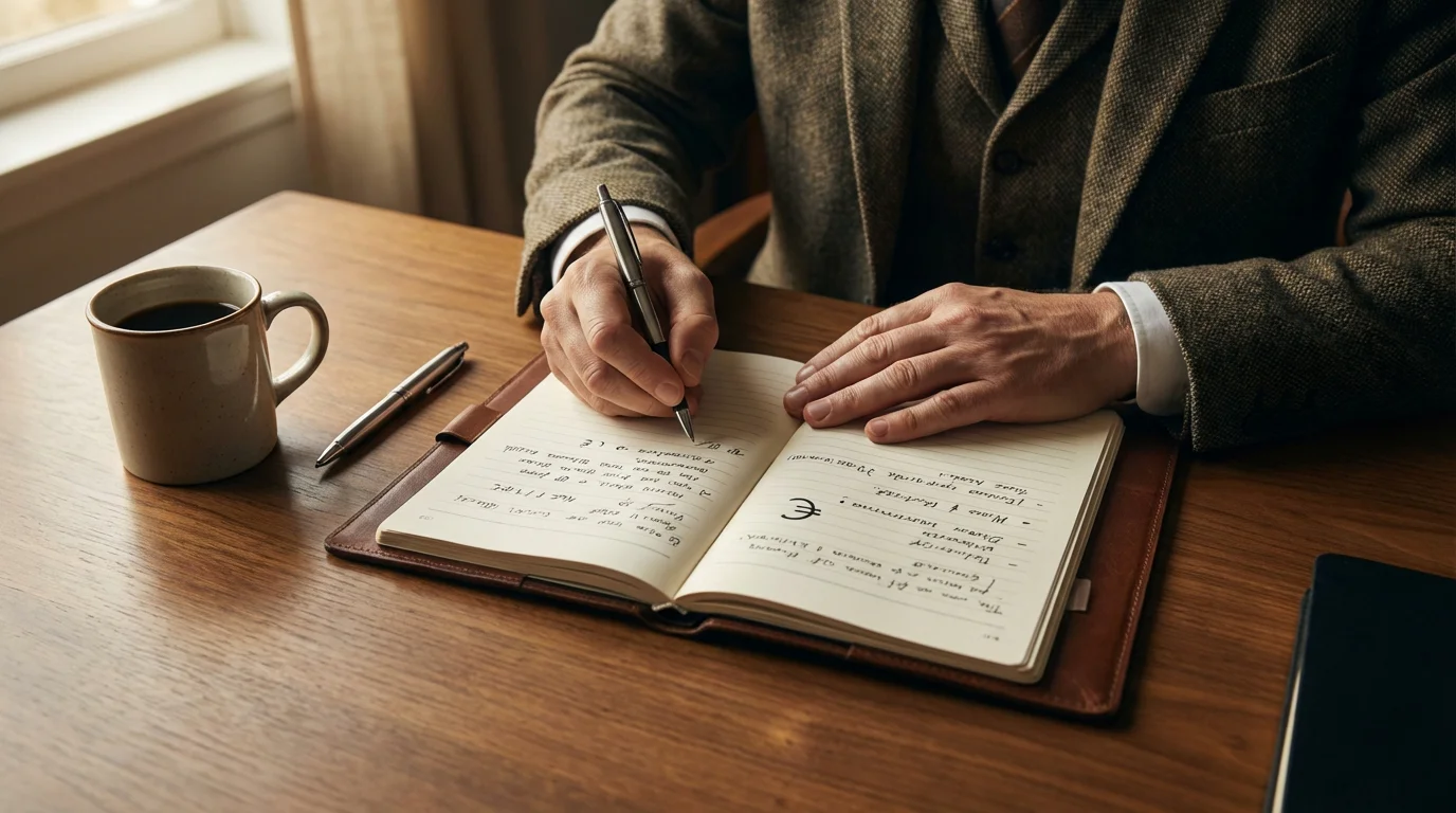 Persona organizando documentos y notas con el símbolo € sobre una mesa de trabajo ordenada