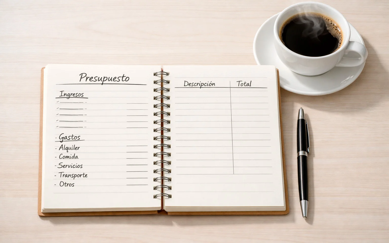 Libreta de notas con anotaciones de presupuesto junto a un bolígrafo