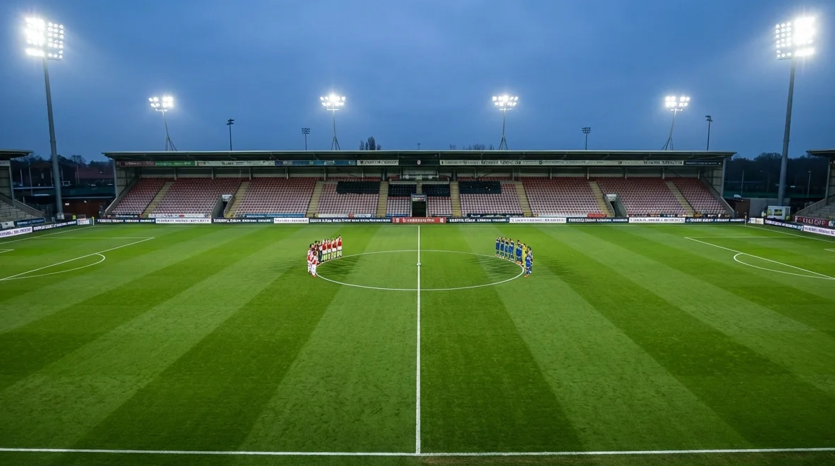 Campo de fútbol visto desde la grada con dos equipos en formación antes del saque inicial