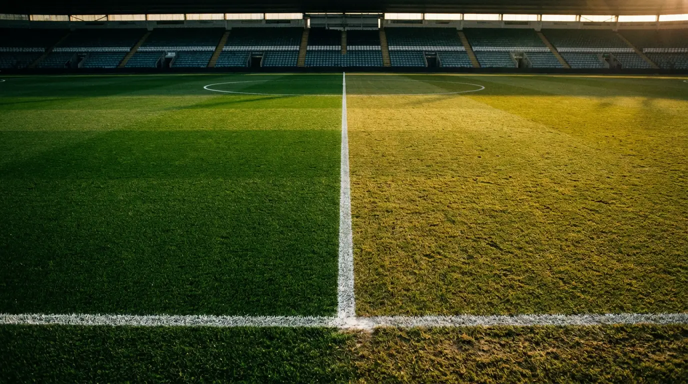 Dos mitades de un campo de fútbol con césped natural y líneas blancas bien marcadas