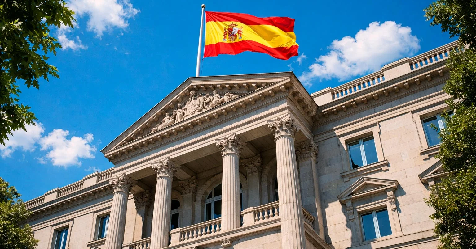 Edificio oficial con bandera de España y símbolo de regulación