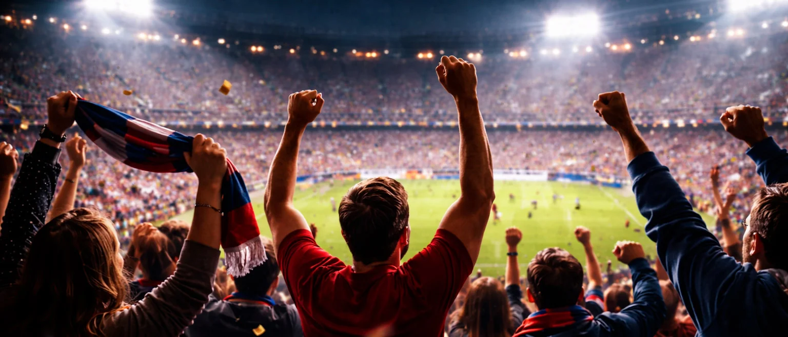 Aficionados celebrando un gol en un estadio de fútbol iluminado