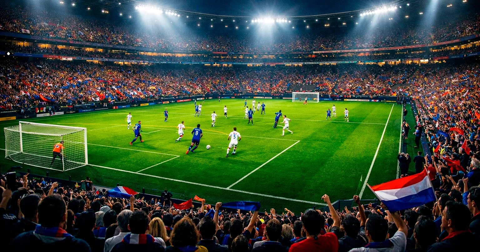 Estadio de fútbol iluminado durante partido nocturno con aficionados