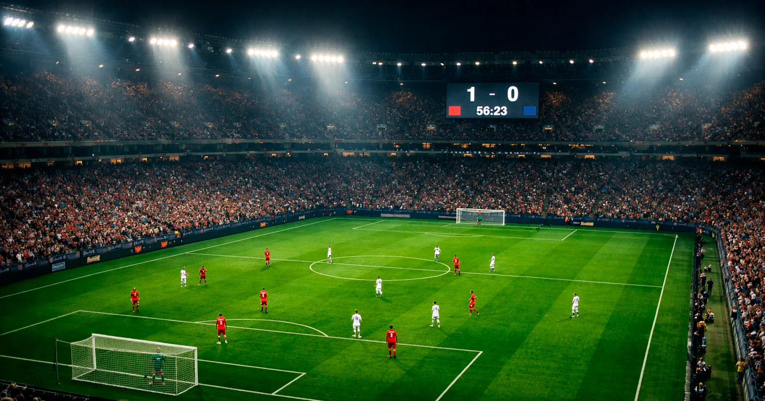 Campo de fútbol con marcador electrónico mostrando ventaja de goles