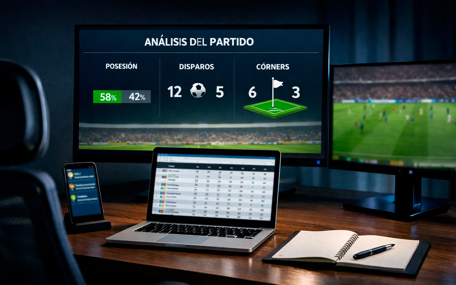 Múltiples pantallas mostrando estadísticas de partido en vivo