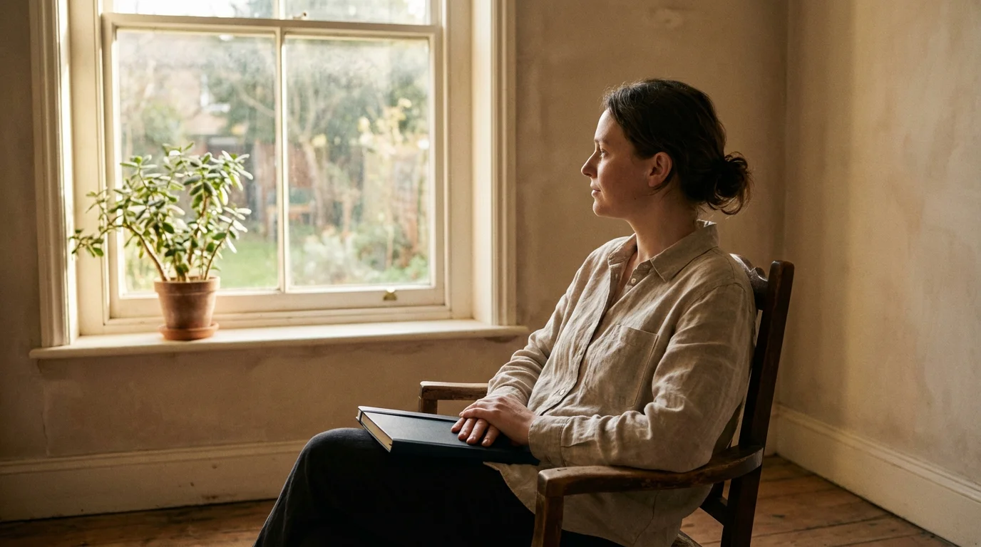 Persona reflexionando con calma junto a una ventana con luz natural entrando