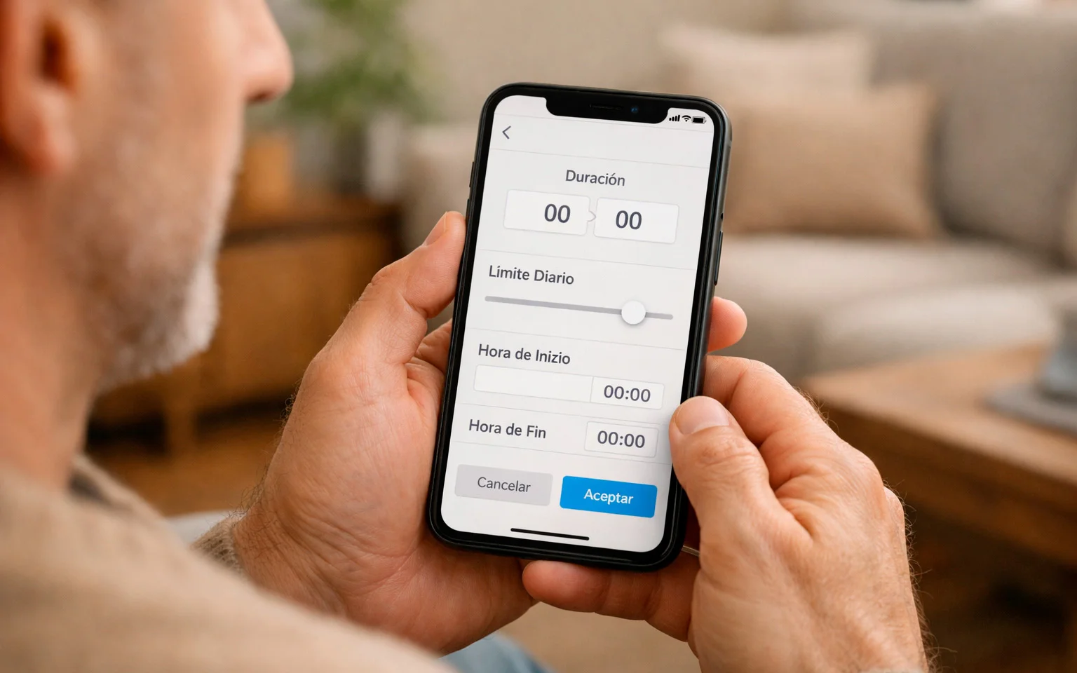 Manos de una persona configurando límites de tiempo en una aplicación móvil