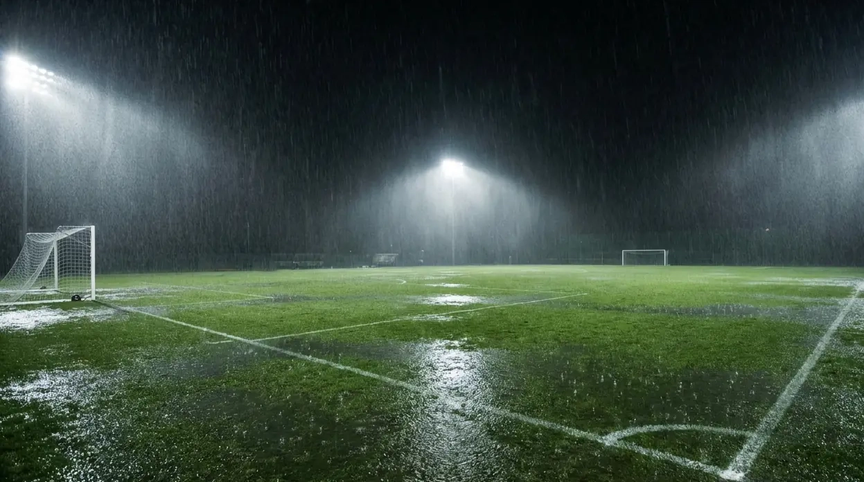 Campo de fútbol bajo una fuerte tormenta con los focos encendidos y el césped mojado