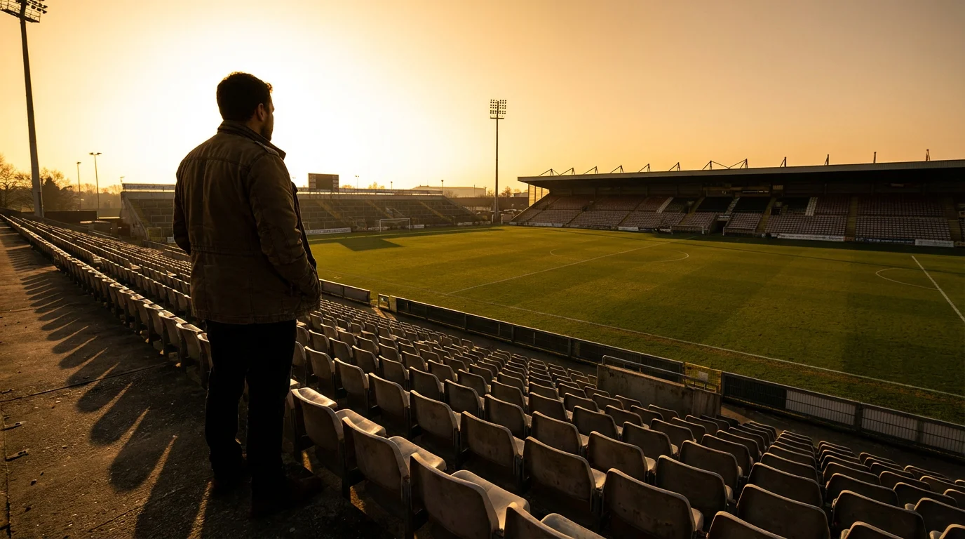 Silueta de un hombre pensativo frente a un campo de fútbol vacío al atardecer
