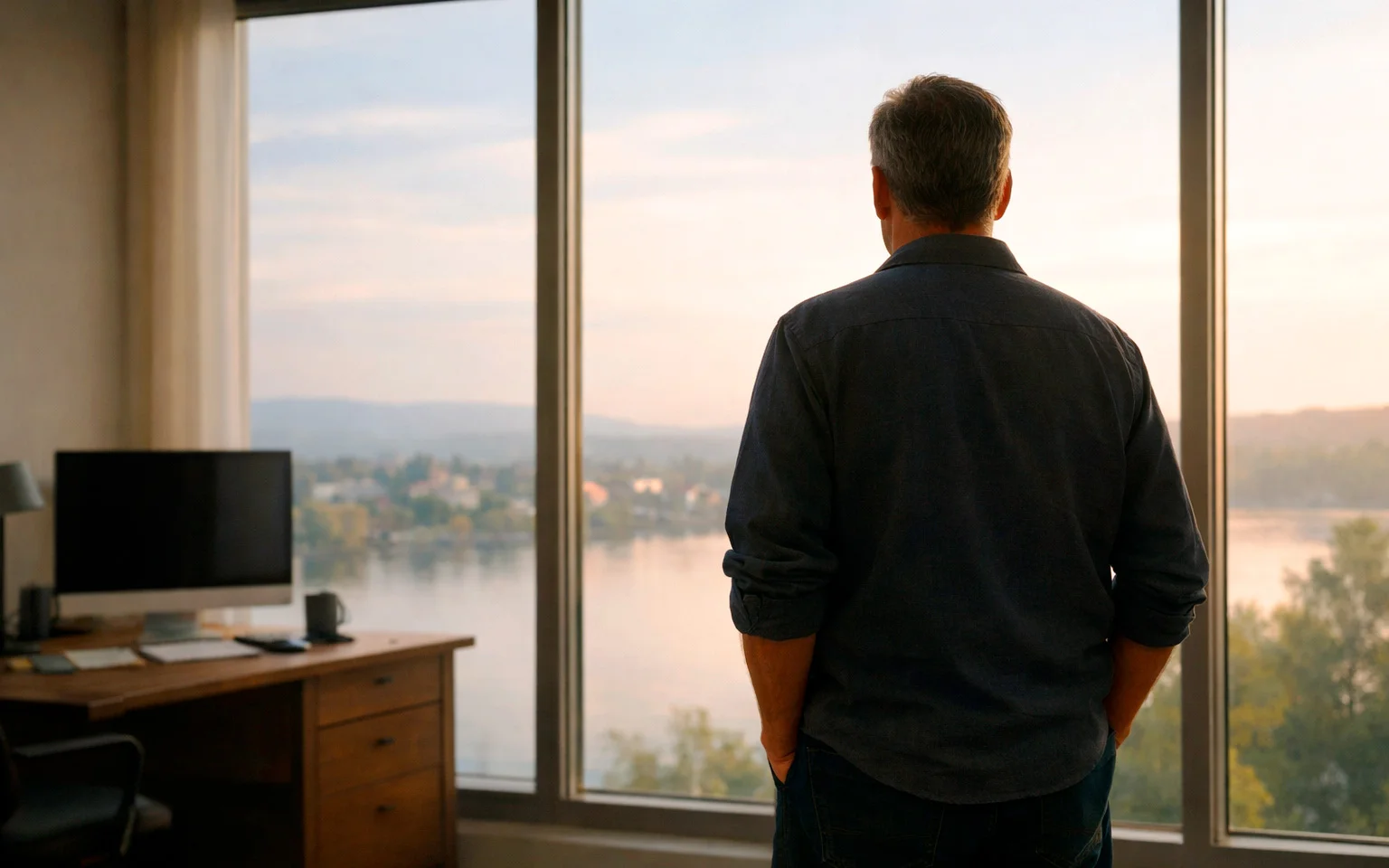 Persona tomando descanso alejada del ordenador mirando ventana