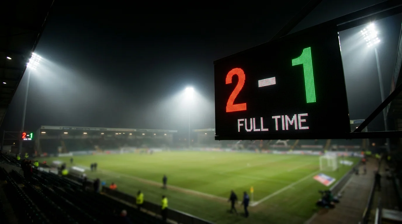 Marcador electrónico de un estadio de fútbol mostrando el resultado de un partido nocturno