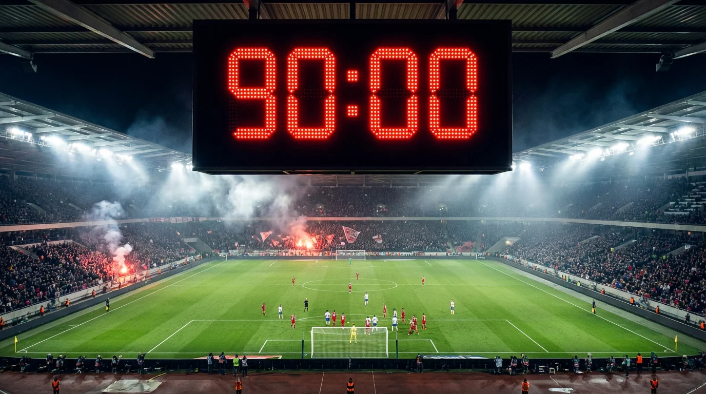 Reloj del marcador de un estadio de fútbol mostrando el minuto 90 del partido