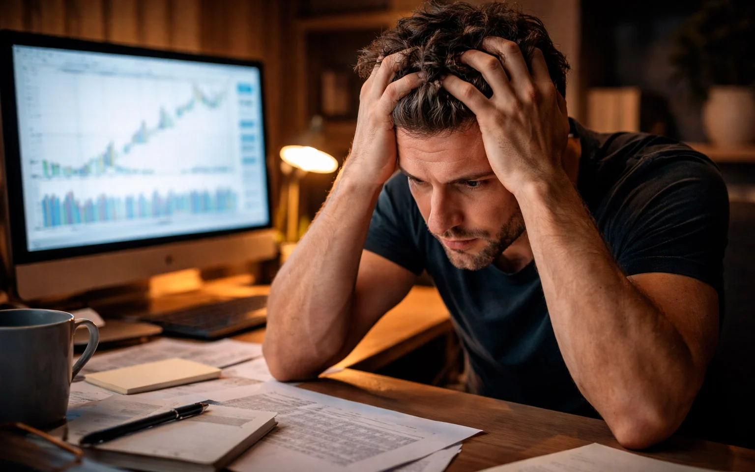 Persona frustrada con las manos en la cabeza frente al ordenador