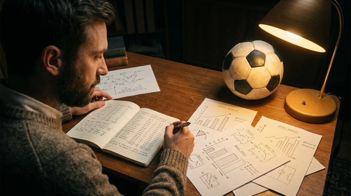 Analista deportivo estudiando estadísticas de fútbol en un cuaderno con un balón sobre la mesa