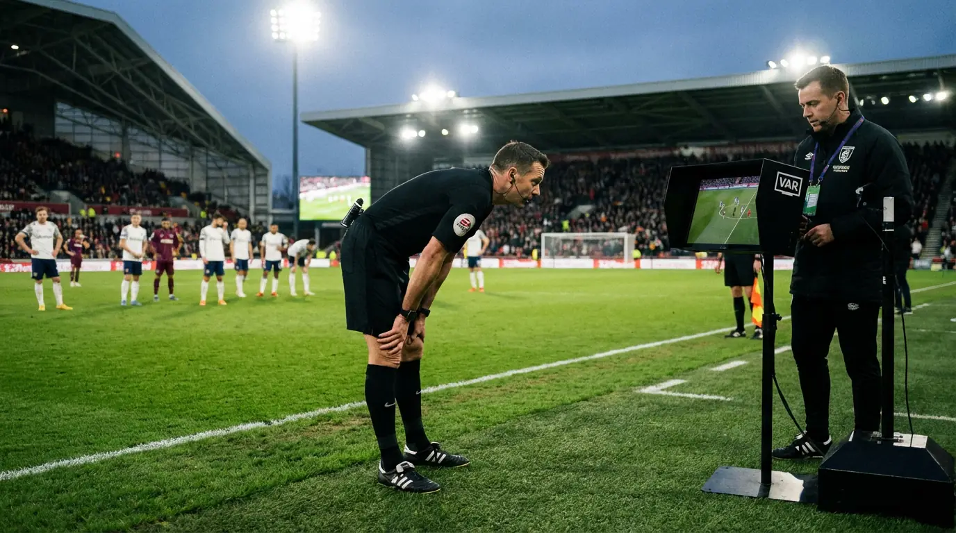 Árbitro de fútbol revisando una jugada en el monitor del VAR al borde del campo